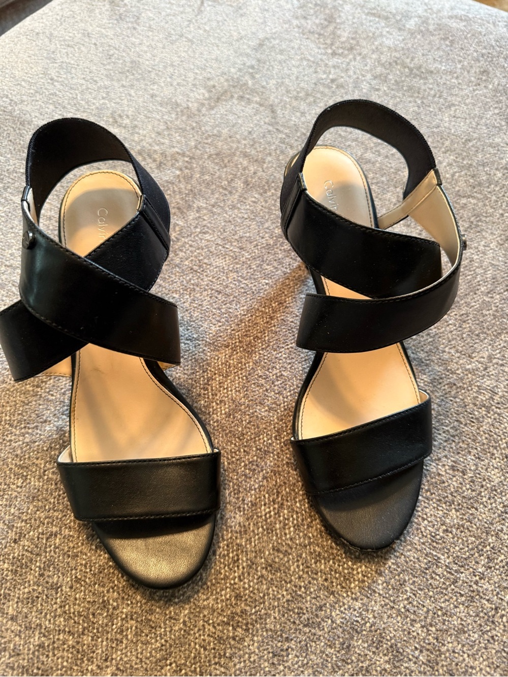 Calvin Klein Black Leather Crisscross Slingback Sandals